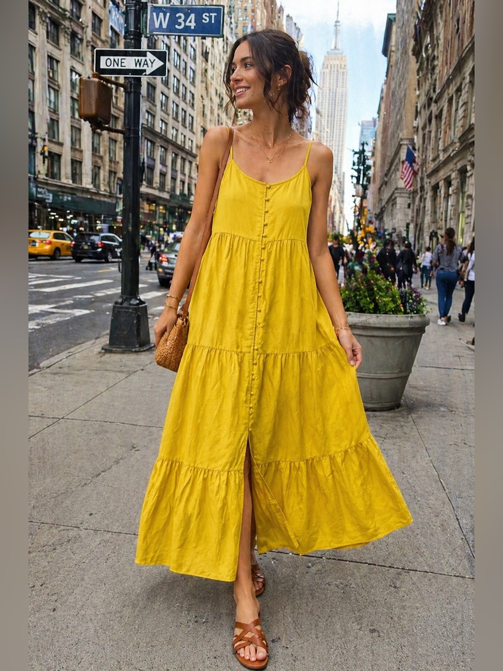 Endless Rose Yellow Gold Tiered Maxi Dress Button Slit Front Sundress Size M